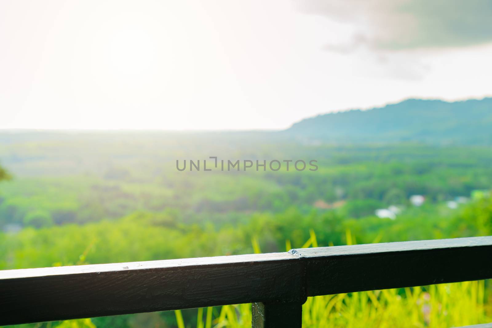 The terrace of the house or balcony for placing Tree ,Forest and nature park view background. Sunlight and flare concept.