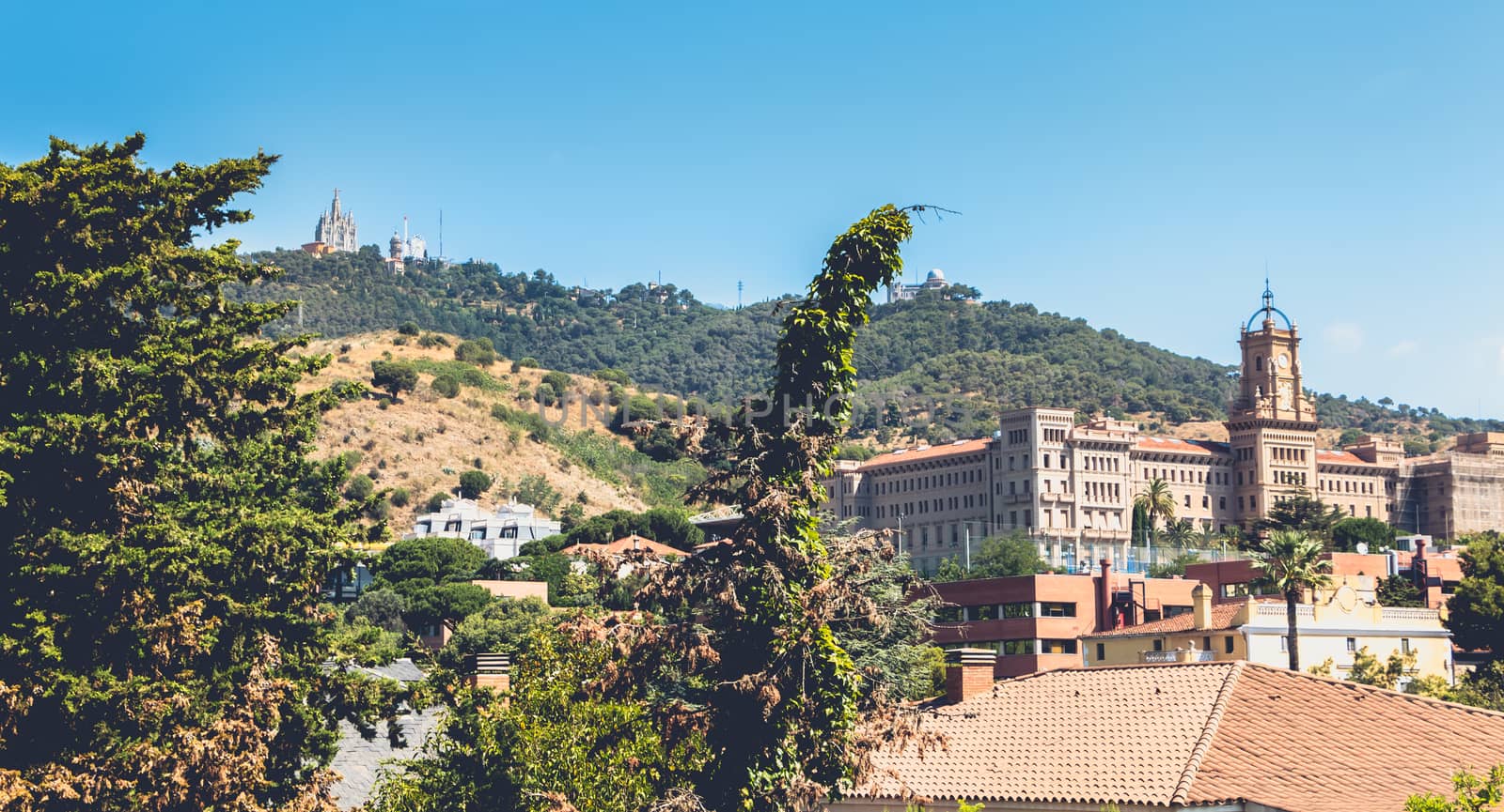 Barcelona, Spain - June 20, 2017: View of Pia de Sarria school on the heights of the city on a summer day