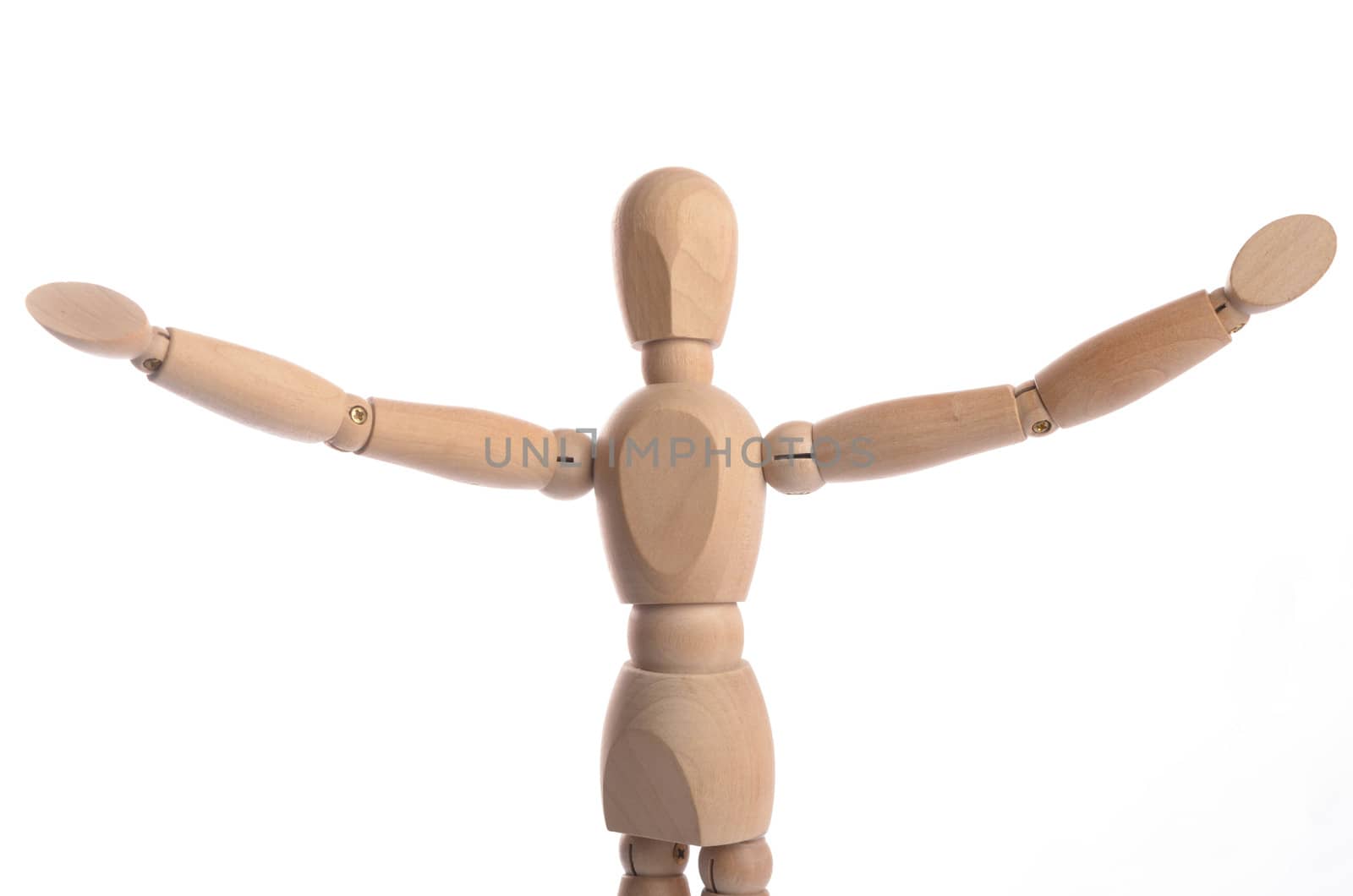 Wooden figure mannequin posing in action isolated on white background.