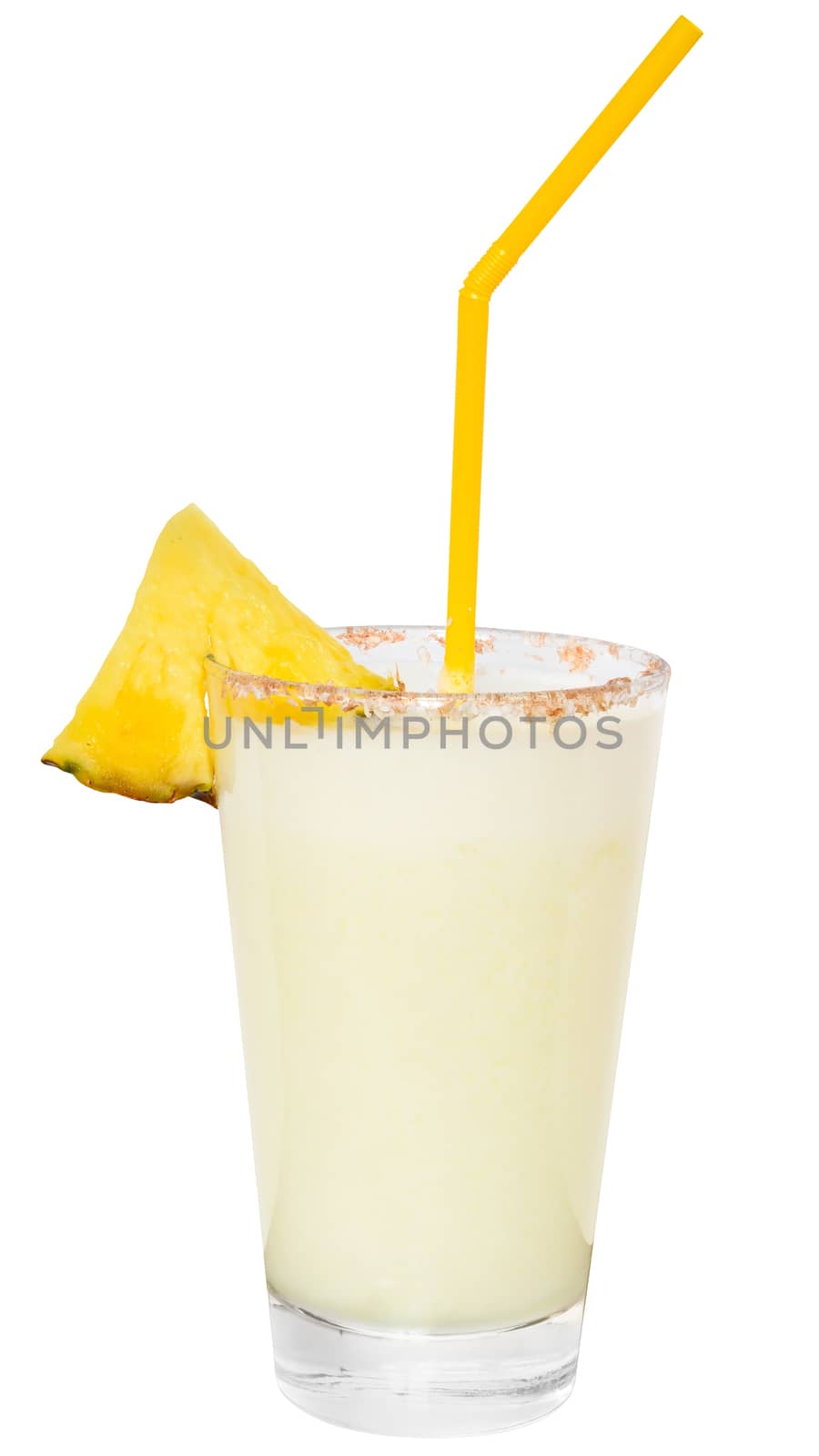Cocktail pina colada with pineapple slice on a white background.