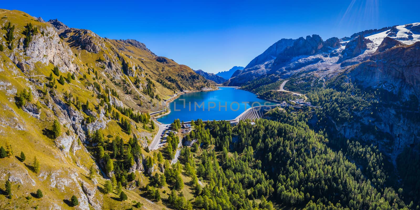 Lago Fedaia (Fedaia Lake), Fassa Valley, Trentino Alto Adige, an artificial lake and a dam near Canazei city, located at the foot of Marmolada massif. Fedaia Lake is the Province of Belluno, Italy.