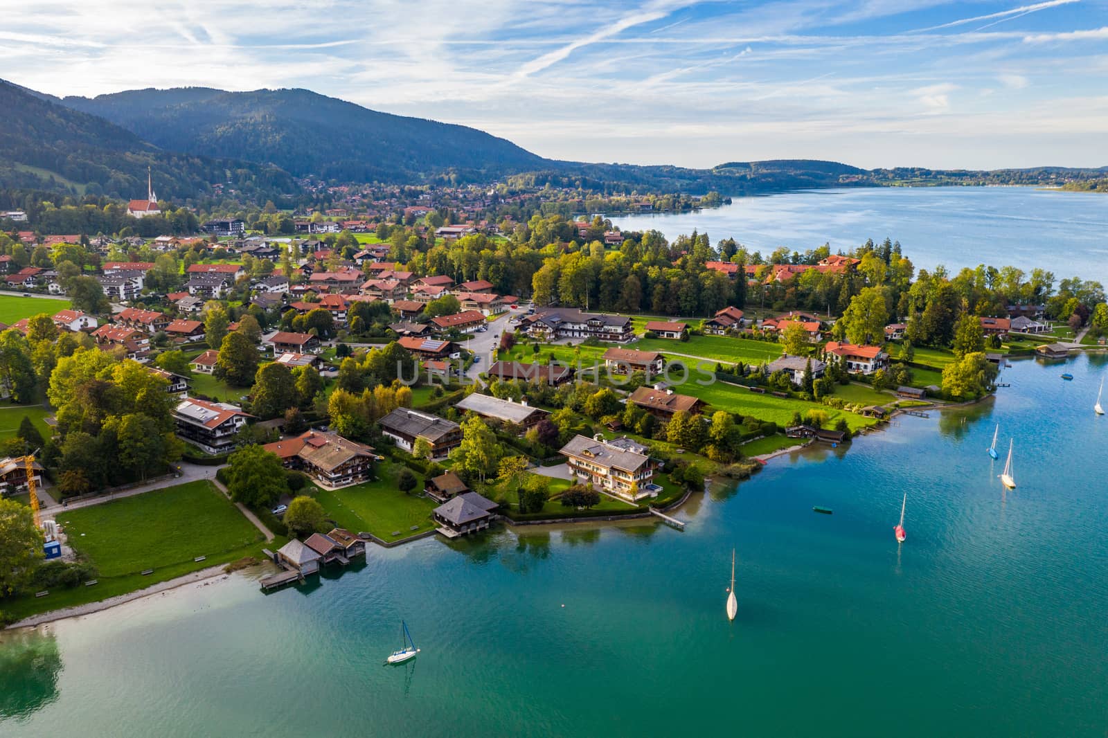 Tegernsee, Germany. Lake Tegernsee in Rottach-Egern (Bavaria), Germany near the Austrian border. Aerial view of the lake "Tegernsee" in the Alps of Bavaria. Bad Wiessee. Tegernsee lake in Bavaria. 