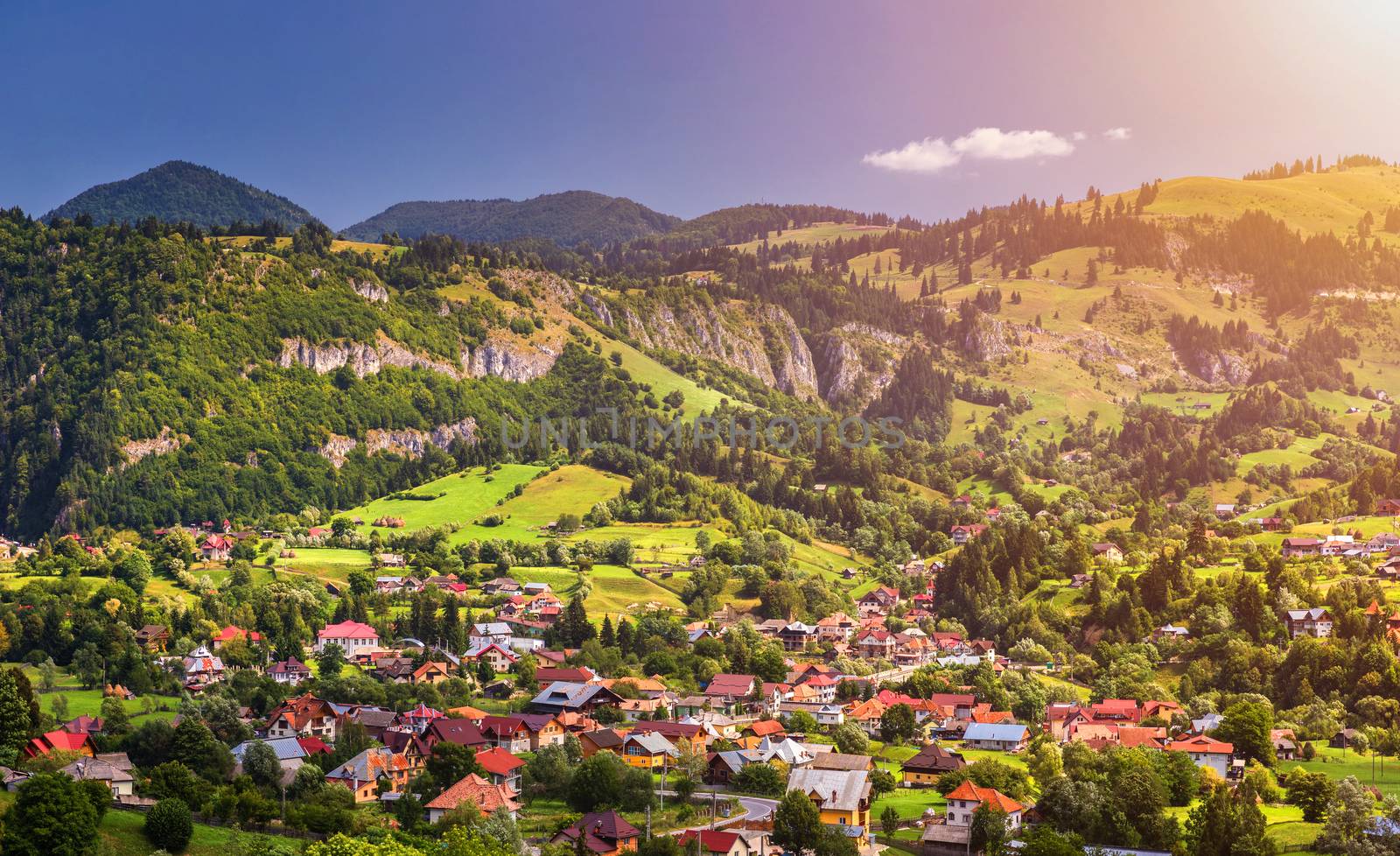 Summer alpine Transylvania landmark, landscape with green fields and valleys, high Piatra Craiului mountains, Carpathians, Transylvania, Romania, Europe
