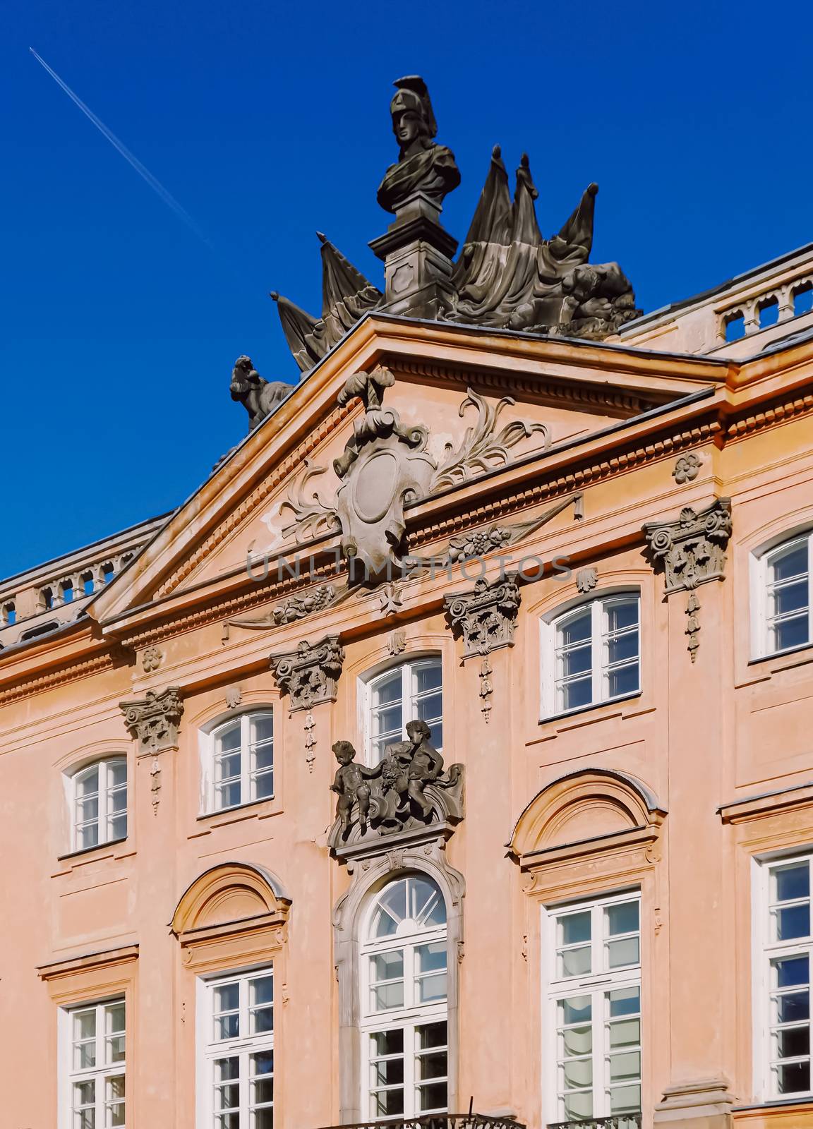 Exterior facade of classic building in the European city, architecture and design detail