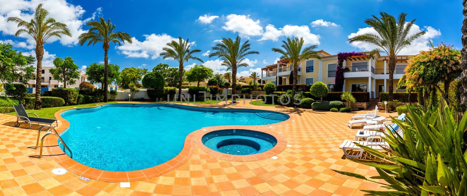 Swimming pool, sun-loungers and palm trees during a warm sunny day, paradise destination for vacations. Backyard swimming pool with garden full of palm trees and flowers. Backyard with swimming pool.