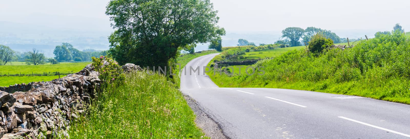 Panorama of a curved empty country road with dry stone walls by paddythegolfer