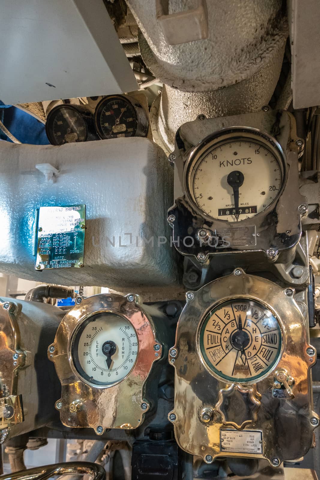 Oahu, Hawaii, USA. - January 10, 2020: Pearl Harbor. Speed dials and measuring equipment in long submarine USS Bowfin.