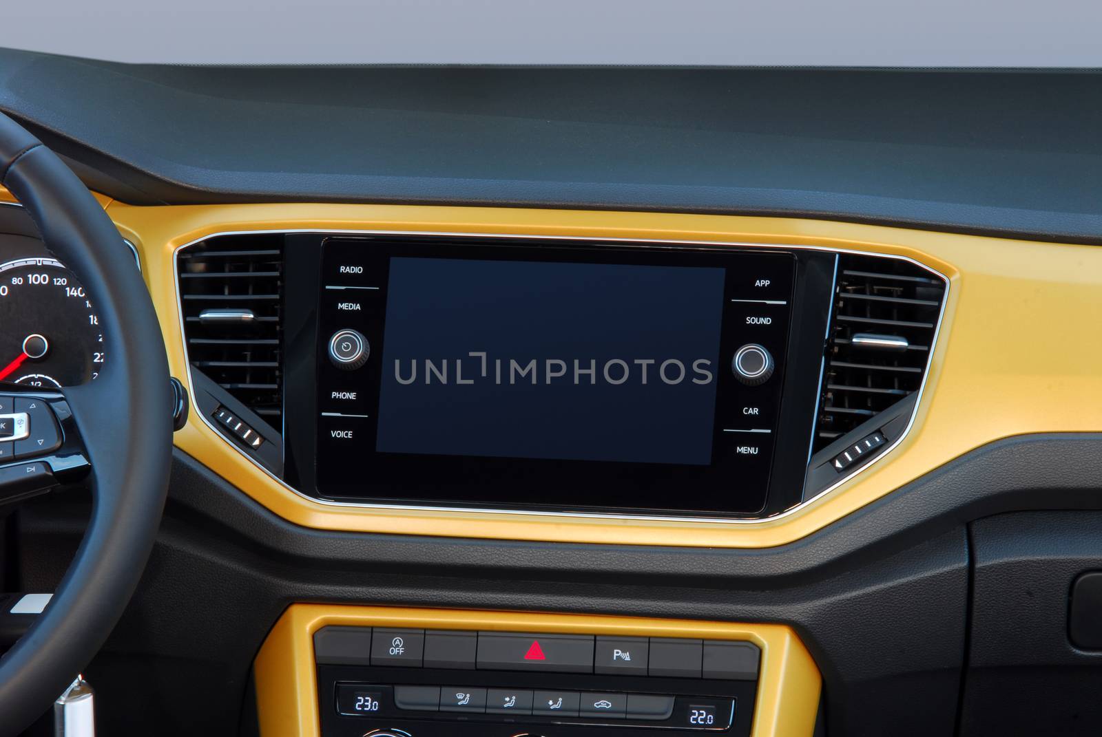 Modern car dashboard. Screen multimedia system. Interior detail