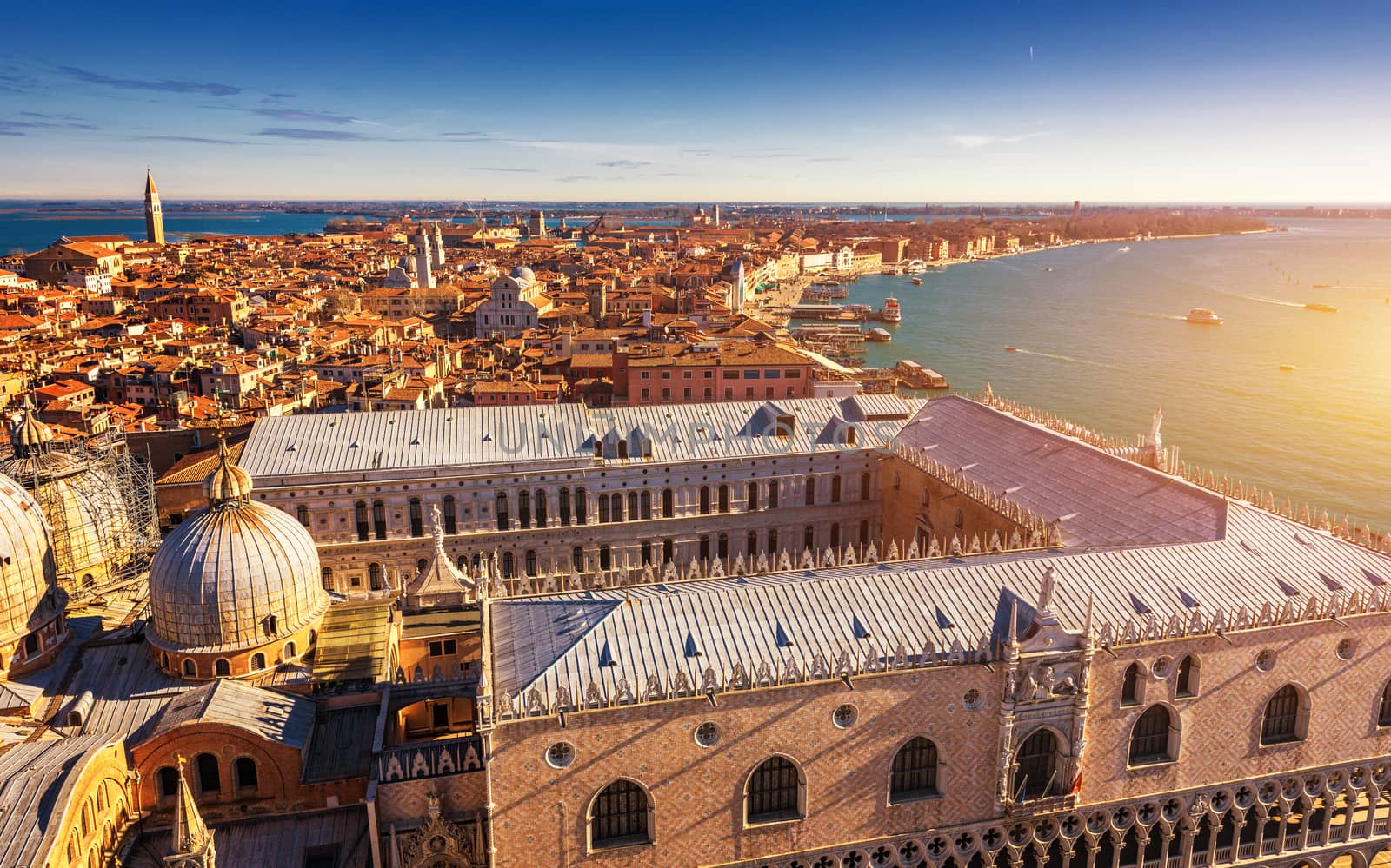 View of the dome of San Giorgio Maggiore church and Giudecca Canal in Venice, Italy. Amazing aerial view on the beautiful Venice, Italy. Venice from above, Venice landmark with old buildings.