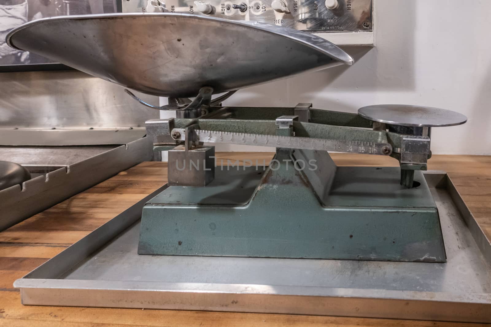 Oahu, Hawaii, USA. - January 10, 2020: Pearl Harbor. Closeup of gray metal scales in kitchen of long submarine USS Bowfin.