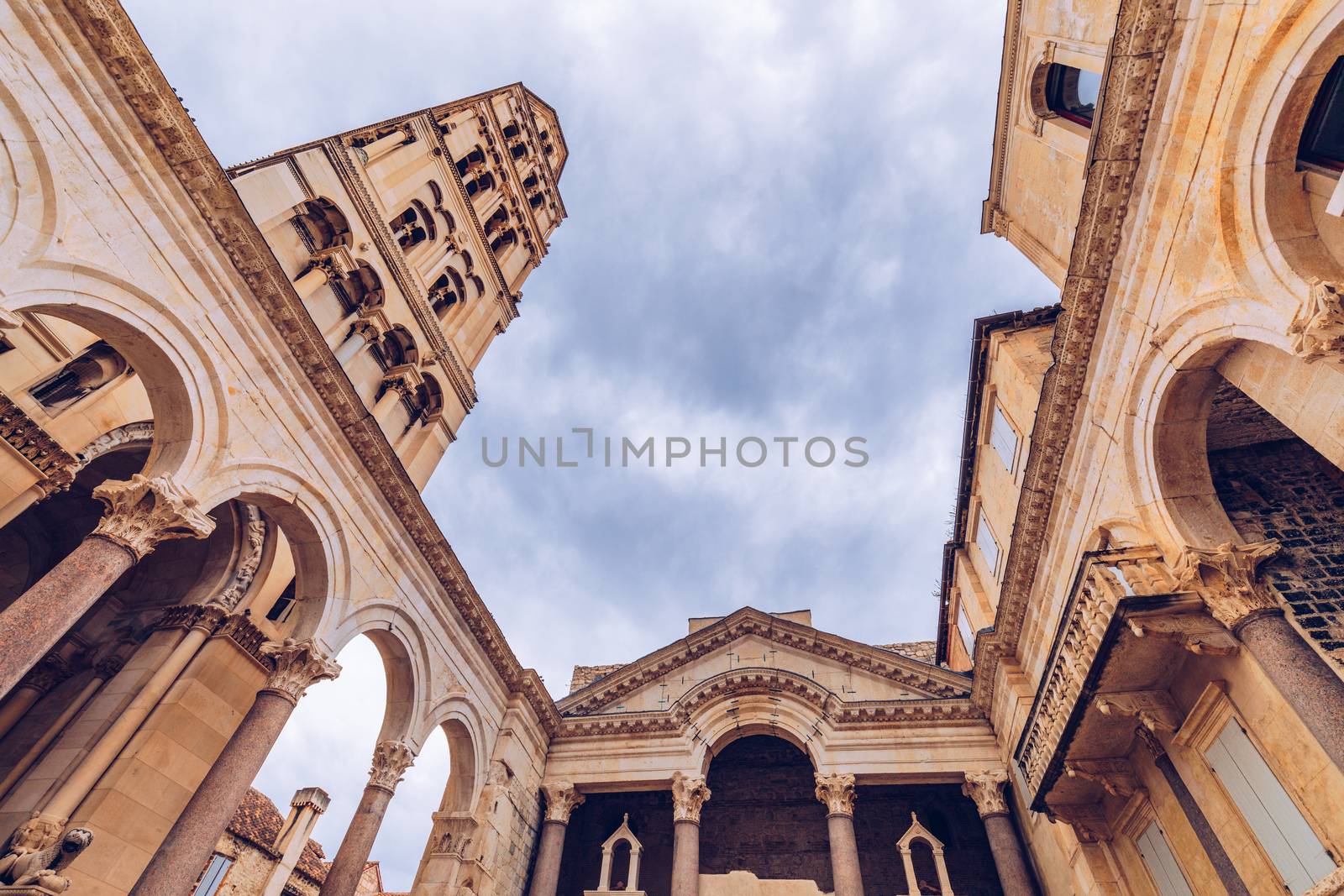 Diocletian's Palace's peristyle in front of Cathedral of Saint Domnius' bell tower in Split, Croatia. Diocletian palace UNESCO world heritage site in Split, Dalmatia, Croatia.