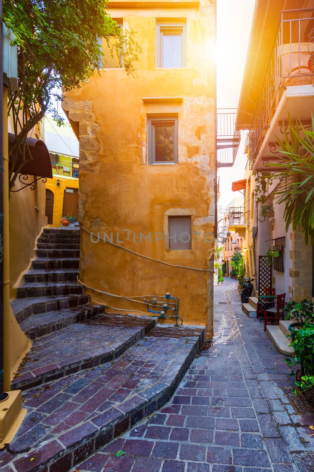 Street in the old town of Chania, Crete, Greece. Charming streets of Greek islands, Crete. Beautiful street in Chania, Crete island, Greece. Summer landscape. Chania old street of Crete island Greece.