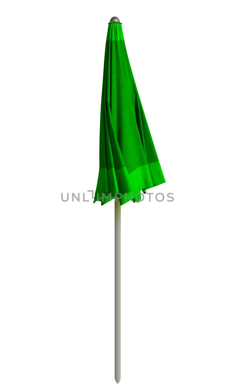 Closed green beach umbrella isolated on white. Clipping path included.