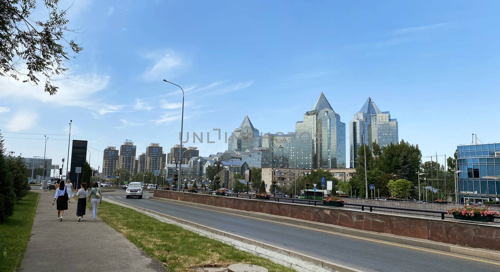 Almaty, Kazakhstan - June 1, 2020: View from Al-Farabi avenue, it is one of the main roads in the city of Almaty