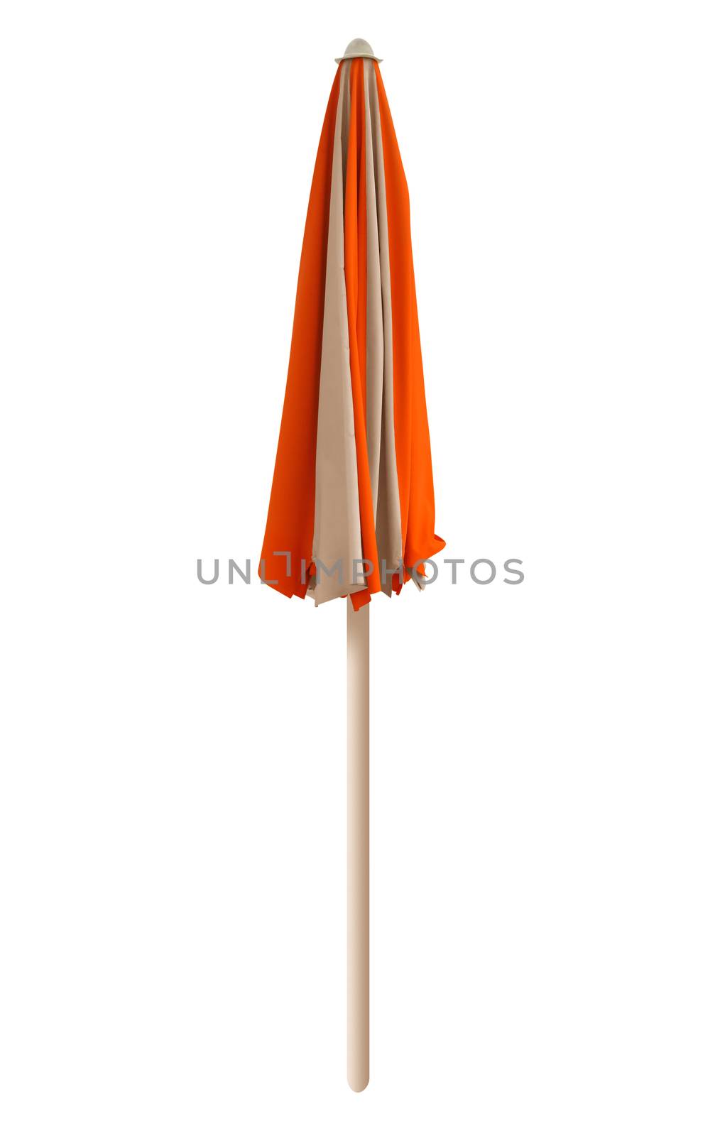 Closed Orange-white beach umbrella isolated on white. Clipping path included.