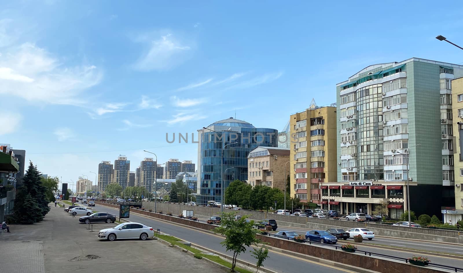 Almaty, Kazakhstan - June 1, 2020: View from Al-Farabi avenue, it is one of the main roads in the city of Almaty