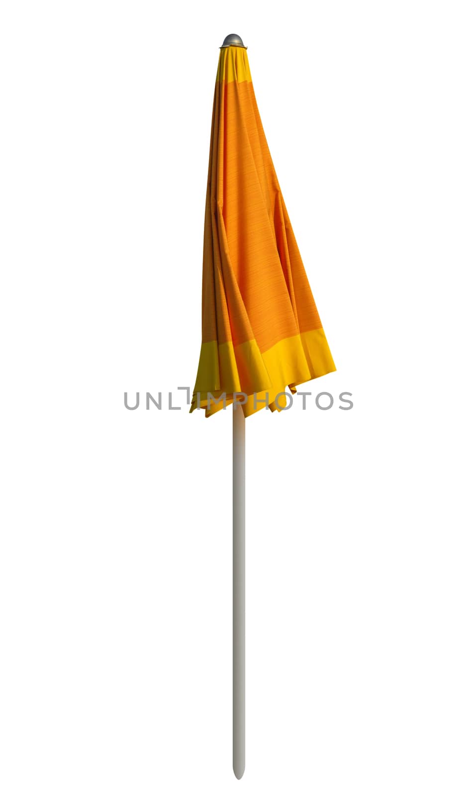 Closed orange beach umbrella isolated on white. Clipping path included.