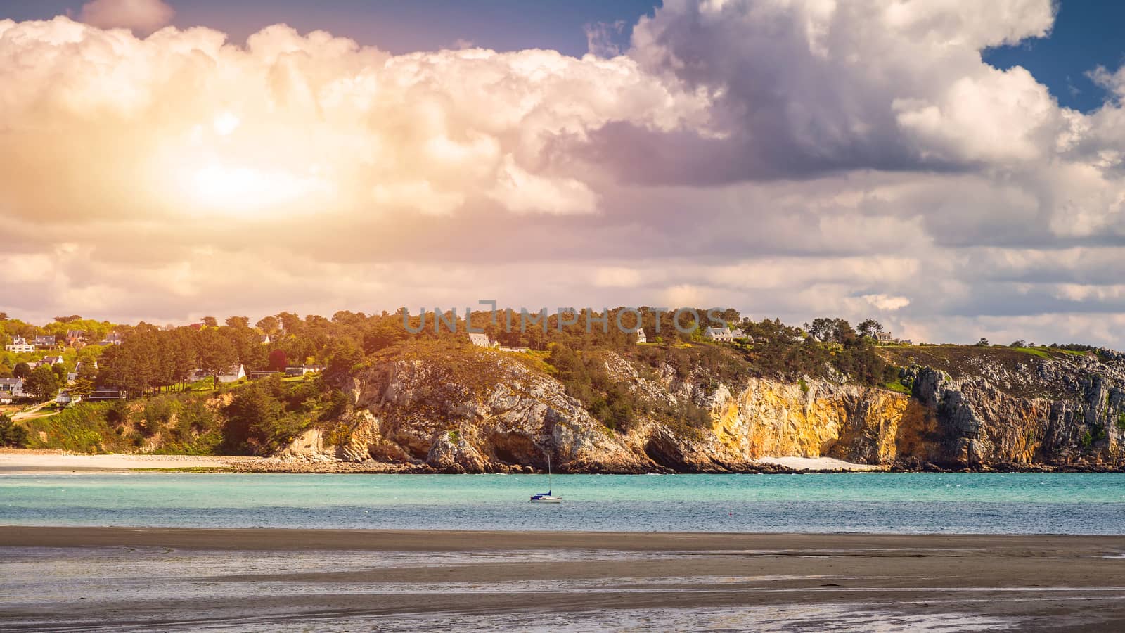 Beautiful area of Morgat with the sand beach and rocky coastline, Finistere, Brittany (Bretagne), France.