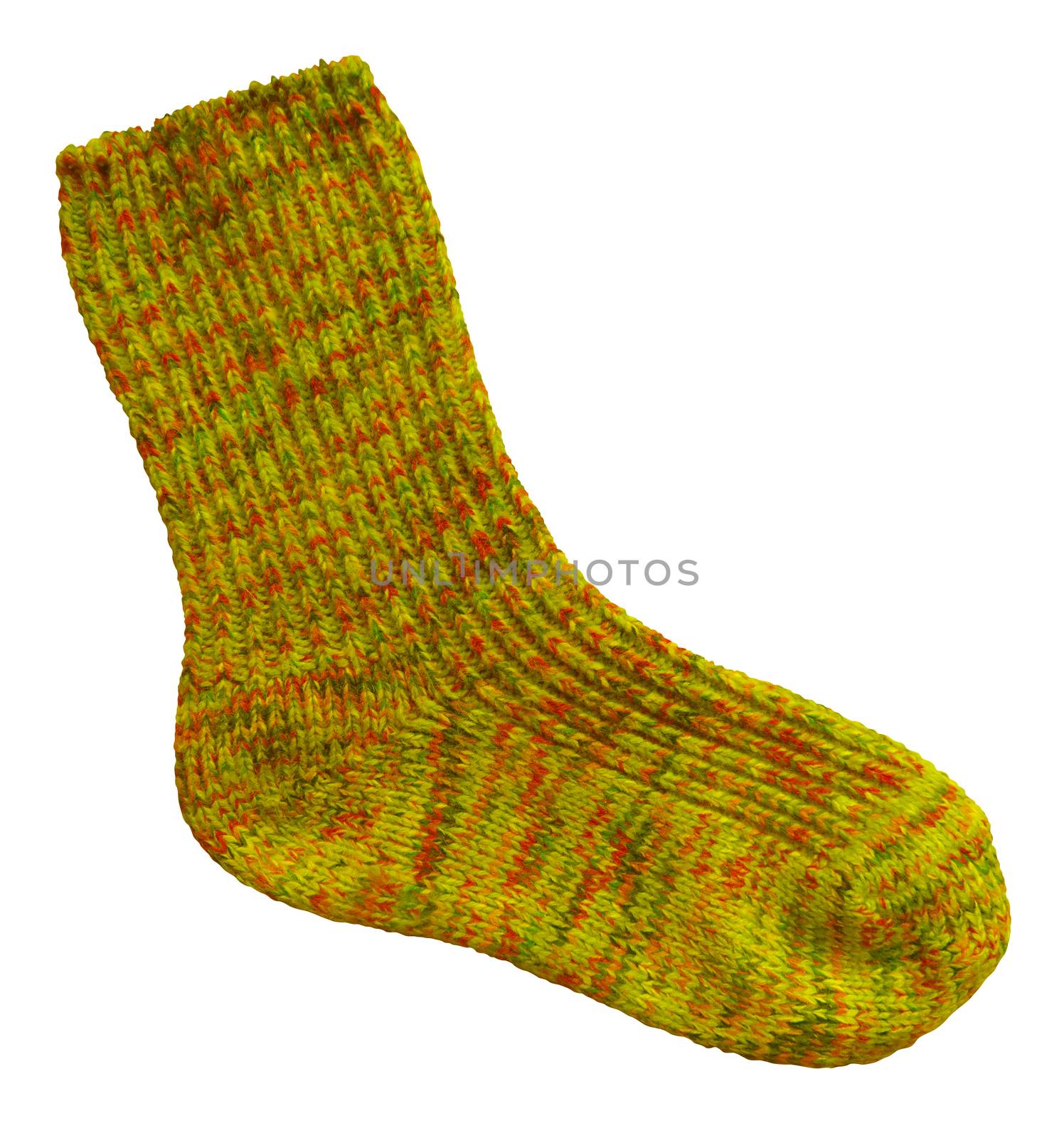Yellow woolen sock isolated on white background. Clipping Path included.