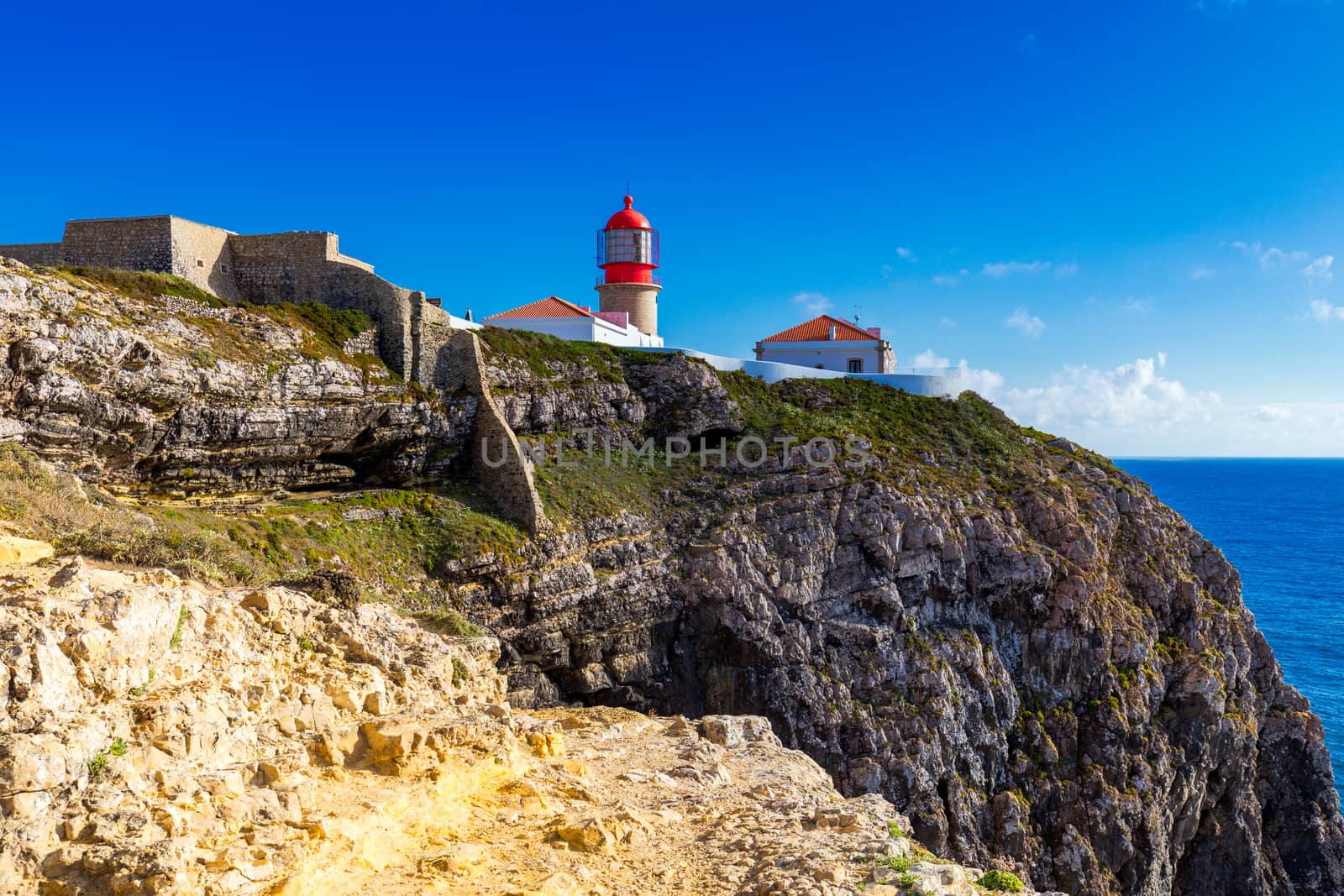 Portuguese coast, cliff into the Atlantic Ocean. Taken in Sagres, Faro, Algarve, Portugal. Beautiful coast of Portugal, Sagres.