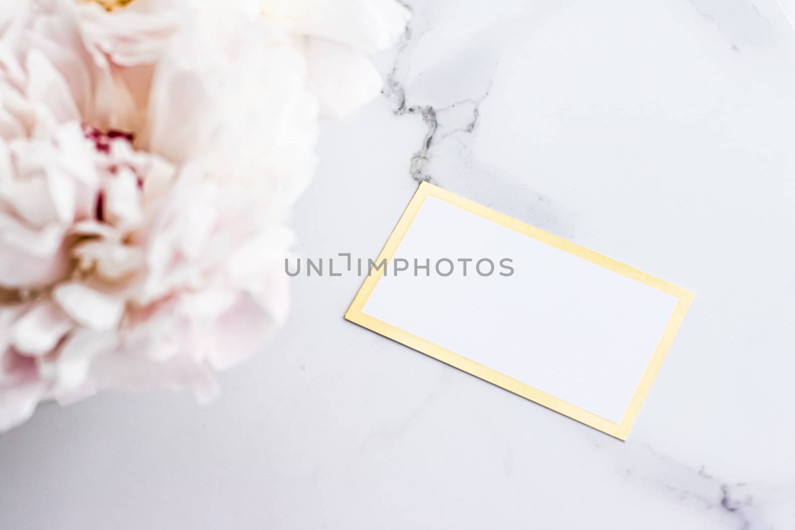 Glamorous business card or invitation mockup and bouquet of peony flowers, wedding and event branding by Anneleven