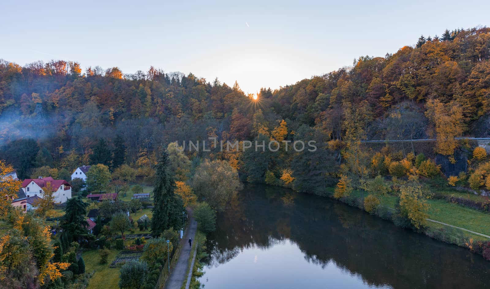 Colorful town Loket in autumn over Eger river in the Sokolov District in the Karlovy Vary region of the Czech Republic