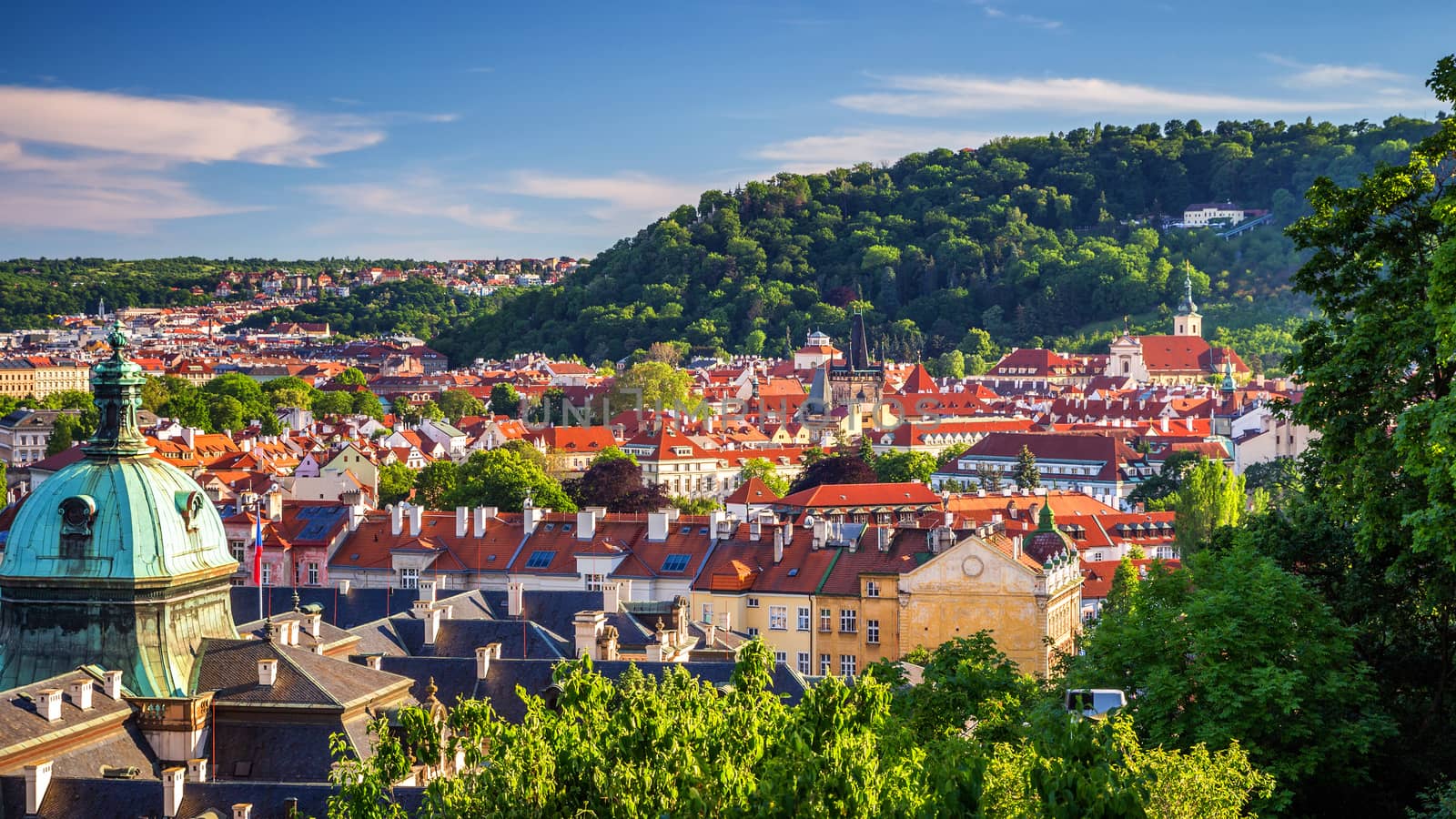 View of the Vltava River and the bridges shined with the sunset sun, Prague, the Czech Republic