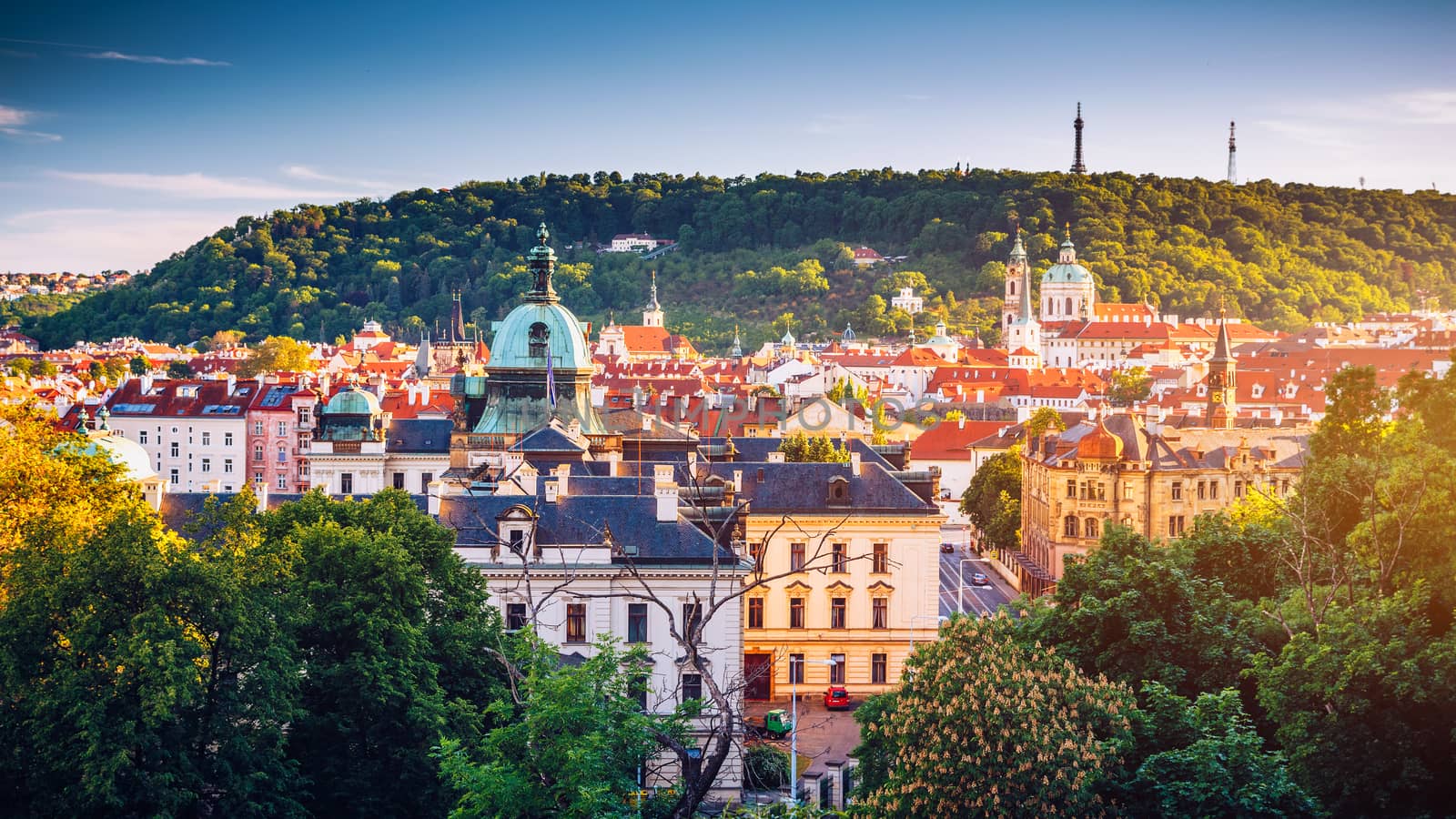 View of the Vltava River and the bridges shined with the sunset sun, Prague, the Czech Republic