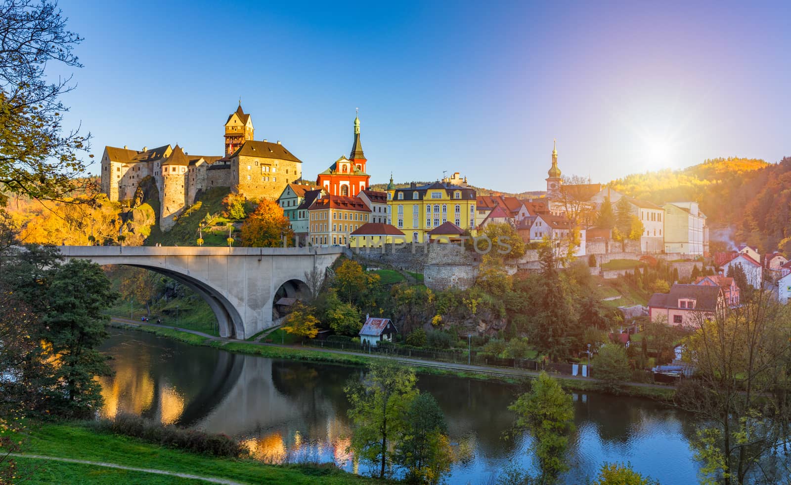 Colorful town Loket in autumn over Eger river in the Sokolov District in the Karlovy Vary region of the Czech Republic