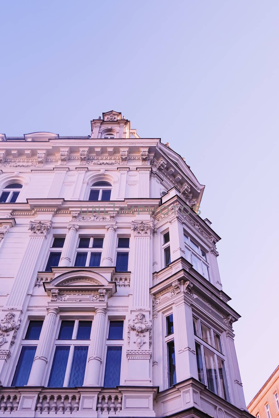 Exterior facade of classic building in the European city, architecture and design detail