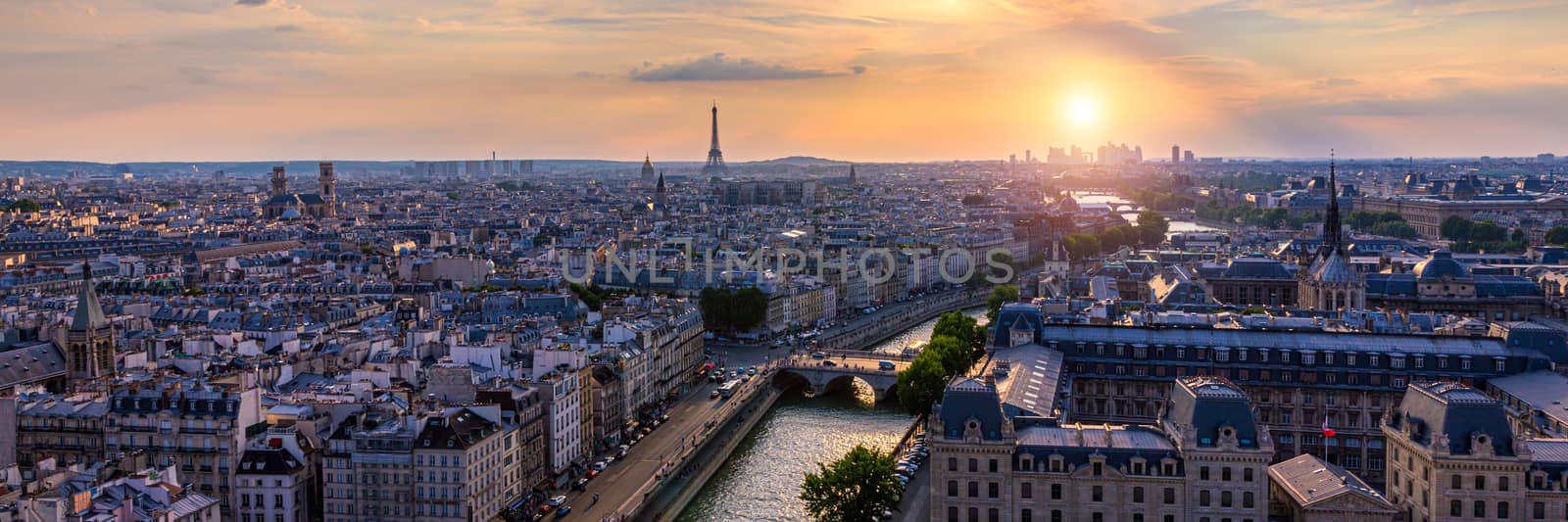 Panoramic aerial view of Paris, Eiffel Tower and La Defense busi by DaLiu