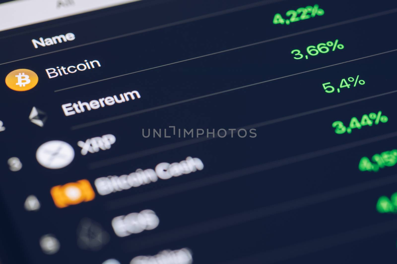 Crypto Currency market concept. Bank market and virtual currency value graph. Statistics comparison of best-selling crypto coins on stock exchange. Use for Bitcoin, ETH, Ripple, Bitcoin cash.