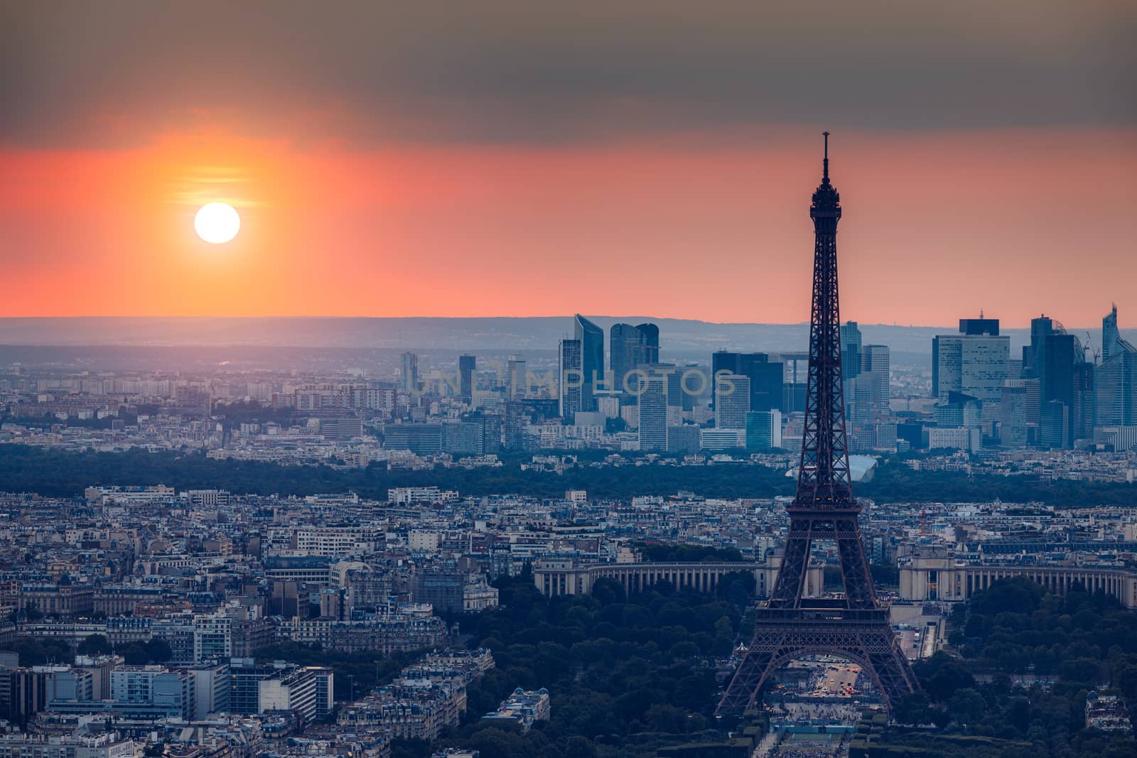 High resolution aerial panorama of Paris, France taken from the Notre Dame Cathedral before the destructive fire of 15.04.2019. The river Seine. Aerial view of Paris at sunset. Paris, France.