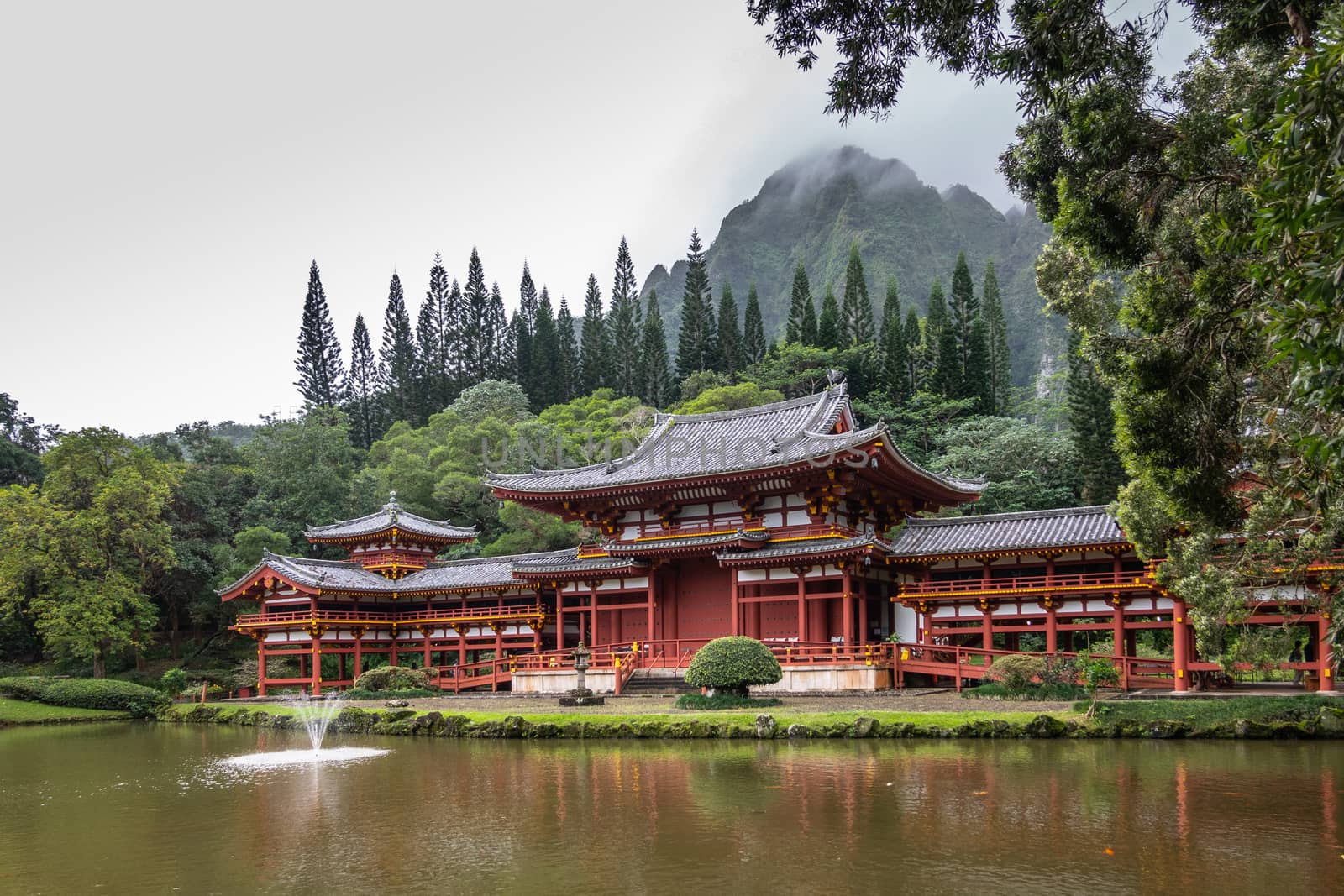 Corner view on Byodo-in Buddhist temple in Kaneohe, Oahu, Hawaii by Claudine