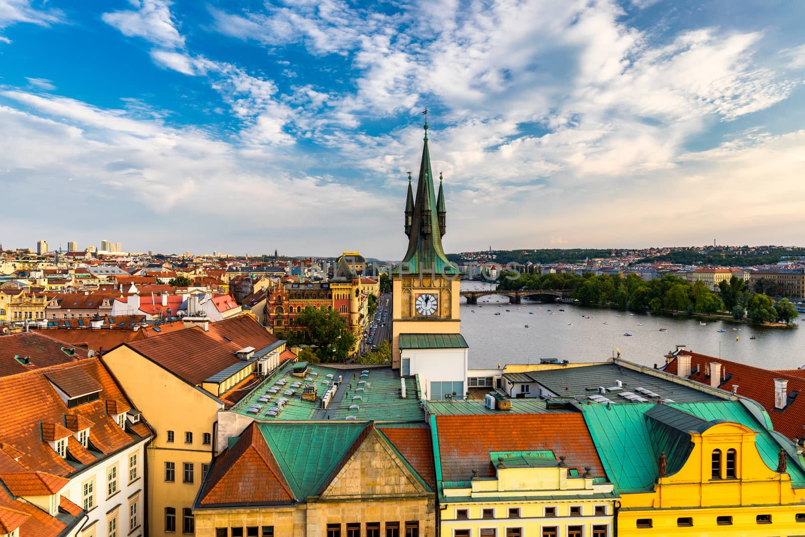 Charles Bridge in Prague in Czechia. Prague, Czech Republic. Charles Bridge (Karluv Most) and Old Town Tower. Vltava River and Charles Bridge. Concept of world travel, sightseeing and tourism.