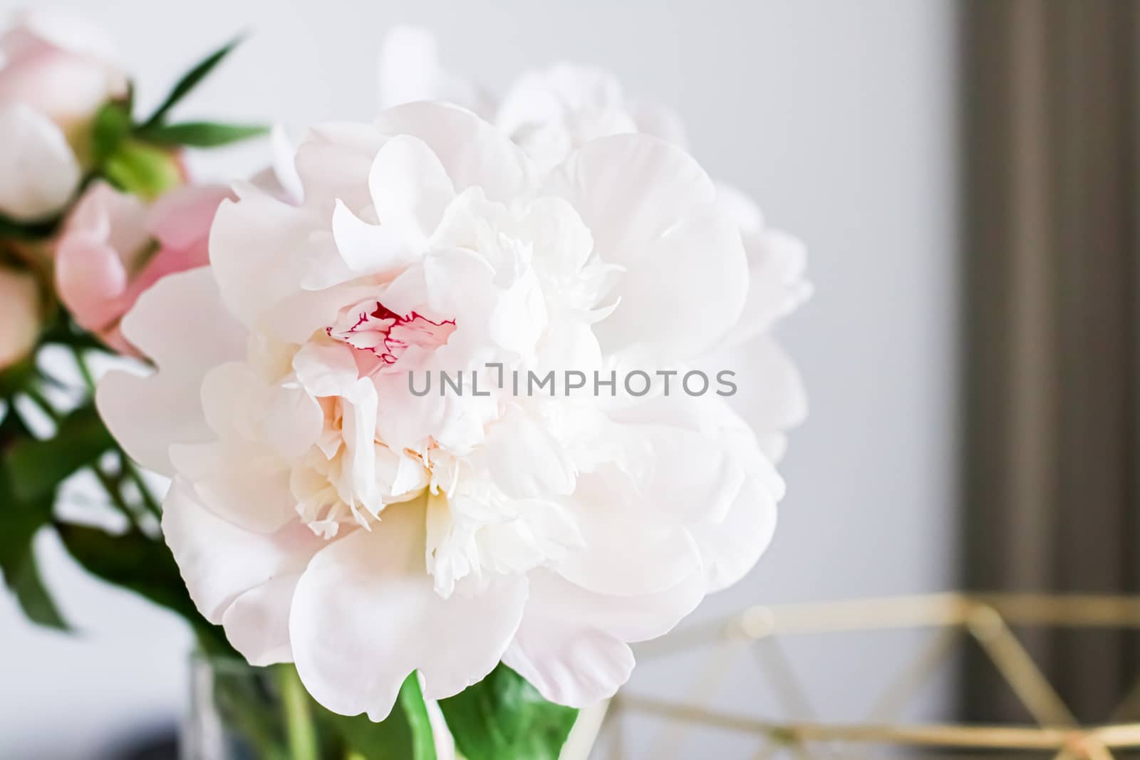 Chic bouquet of peony flowers in vase as home decor idea, luxury interior design and decoration concept