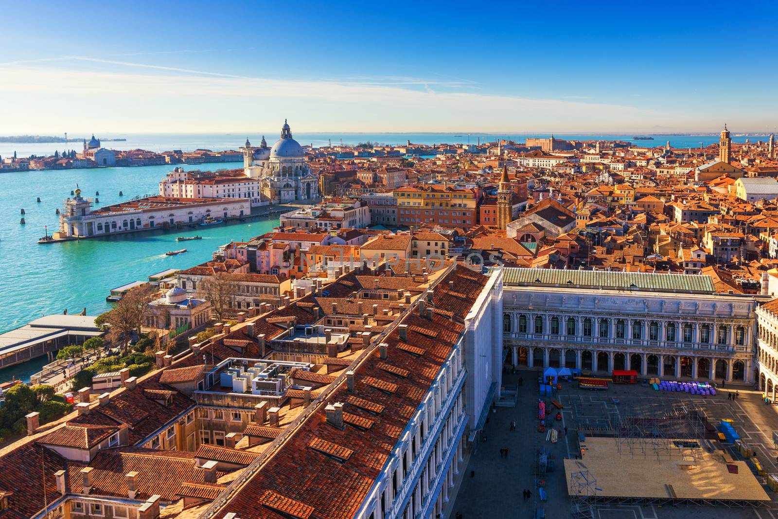 Aerial View of the Grand Canal and Basilica Santa Maria della Salute, Venice, Italy. Venice is a popular tourist destination of Europe. Venice, Italy.