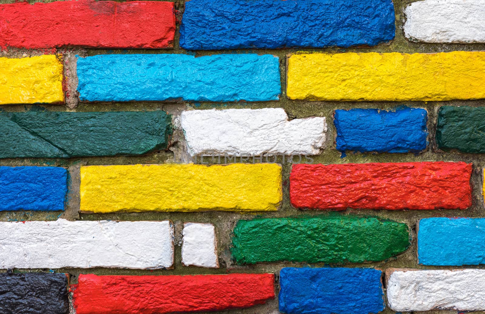 Burano, Venice, Italy. Brightly painted exterior brick wall in the colors of the rainbow. Burano village is famous for its colorful houses which are visible to the fishermen from the lagoon in mist. Venice, Italy.