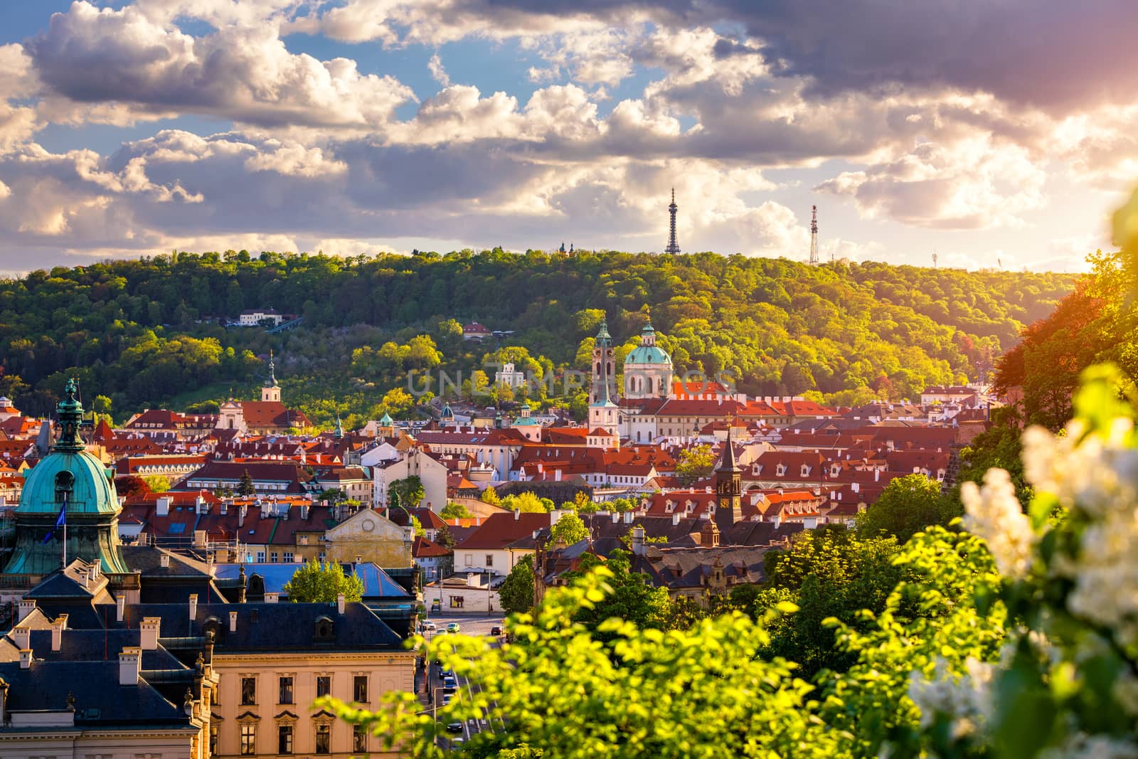 Spring view in Letna Park, Prague, Czech Republic. Spring in Prague (Praha), beautiful Letna park (Letenske sady) in sunlight, sunny landscape, popular tourist destination, Prague, Czech Republic