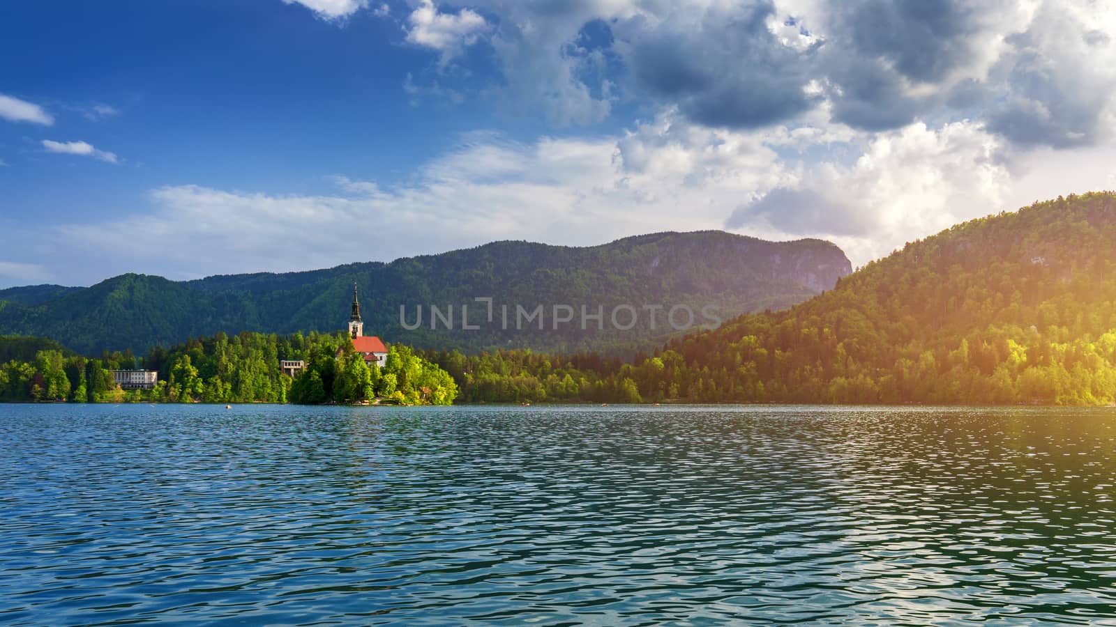 Lake Bled Slovenia. Beautiful mountain Bled lake with small Pilgrimage Church. Most famous Slovenian lake and island Bled with Pilgrimage Church of the Assumption of Maria. Bled, Slovenia.