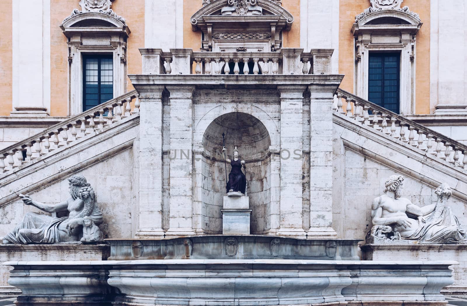 Front view of the Palazzo Senatorio (Senatorial Palace) and Fontana della Dea Roma in The Piazza del Campidoglio on top of the Capitoline Hill in Rome, Italy