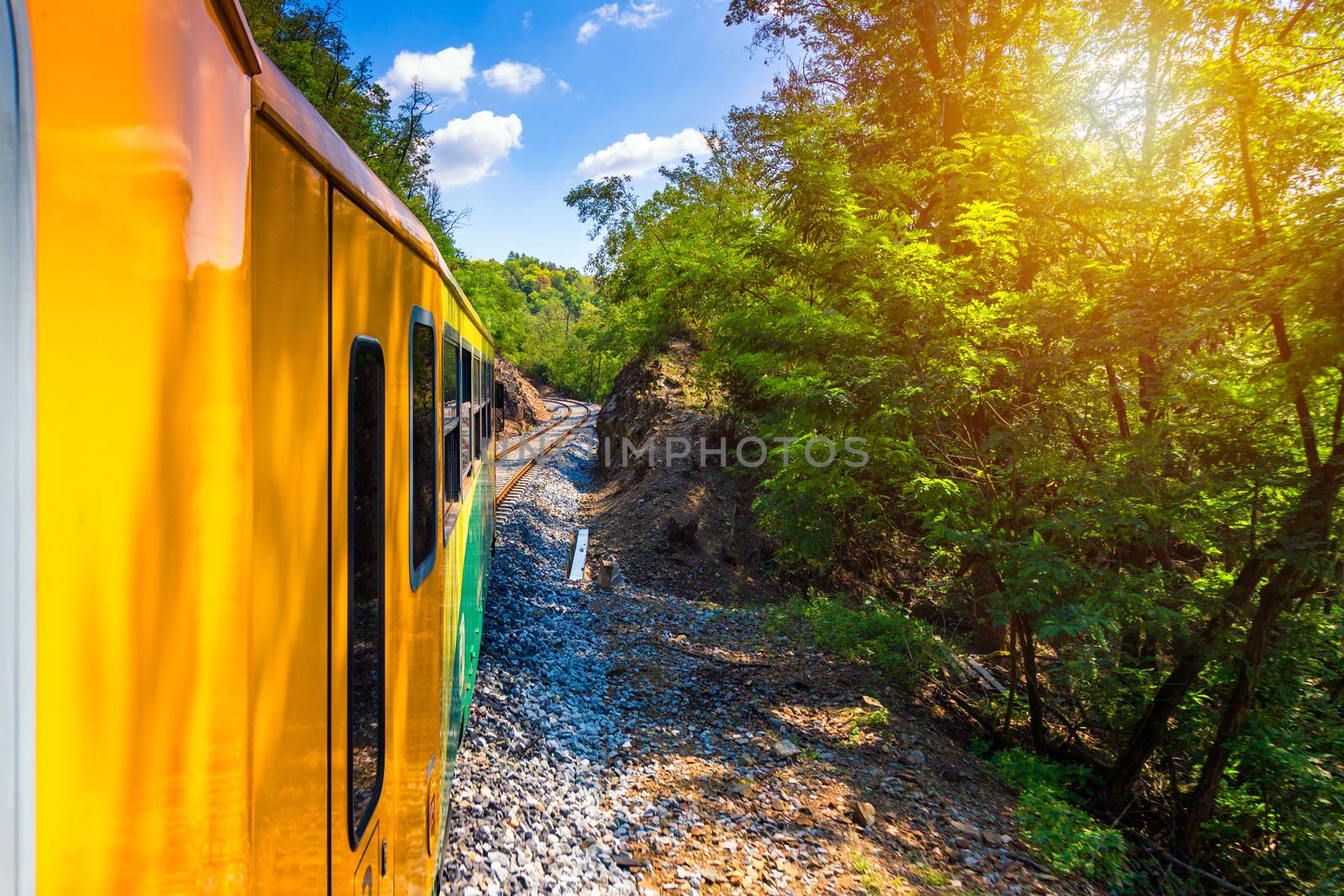 Train ride, view from a window. Old train passing green vegetation. View from the window. Traveling by train to sunset. Sunset scenery and a train gilded by sun, view from a train window. Czechia.