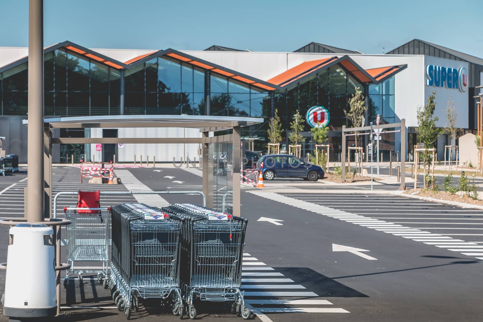 Bretignolles sur Mer, France - July 31, 2016: view of the entrance of a Super U store, a supermarket dependent on a cooperative of French retailers