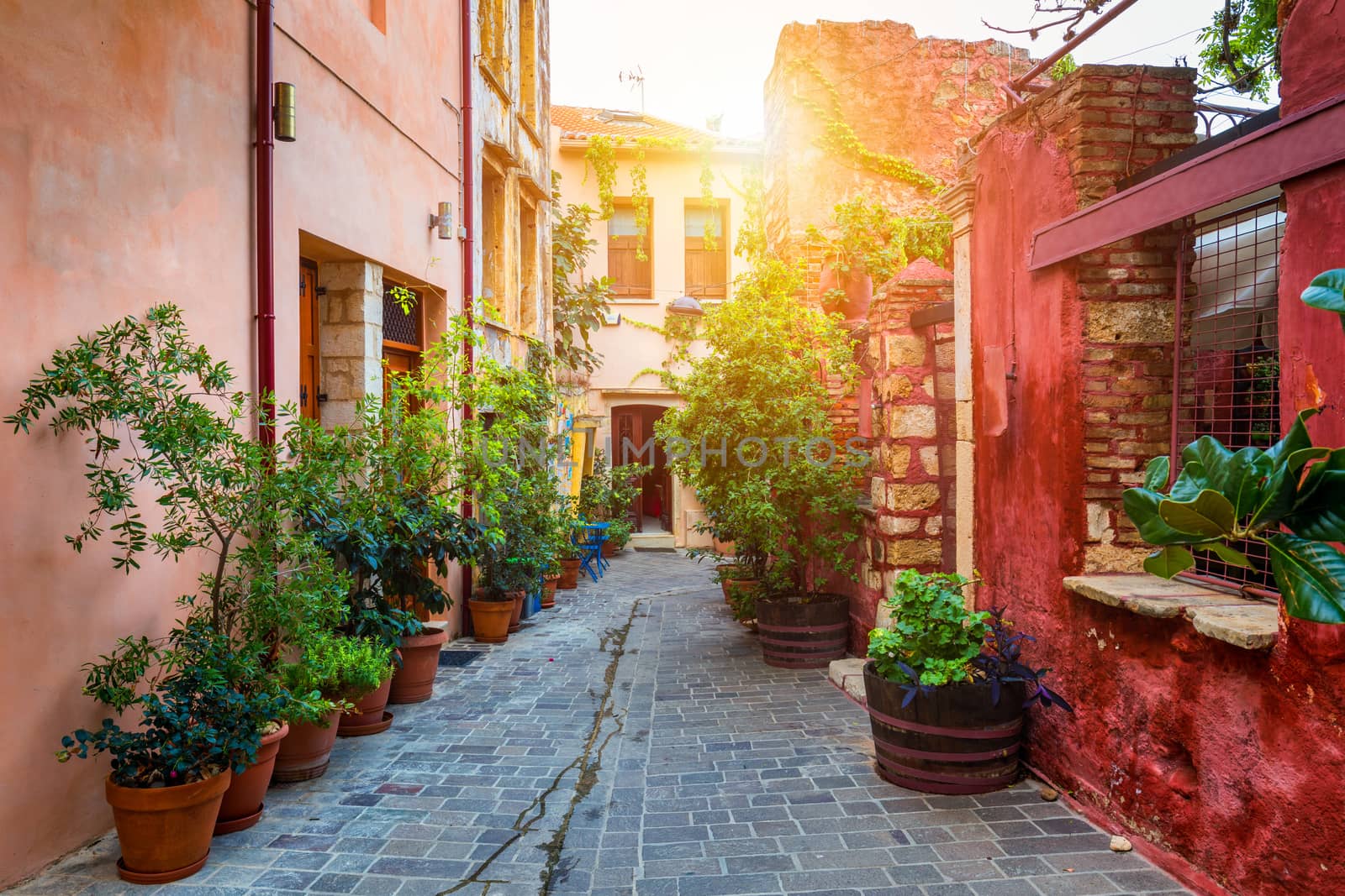 Street in the old town of Chania, Crete, Greece. Charming streets of Greek islands, Crete. Beautiful street in Chania, Crete island, Greece. Summer landscape. Chania old street of Crete island Greece.