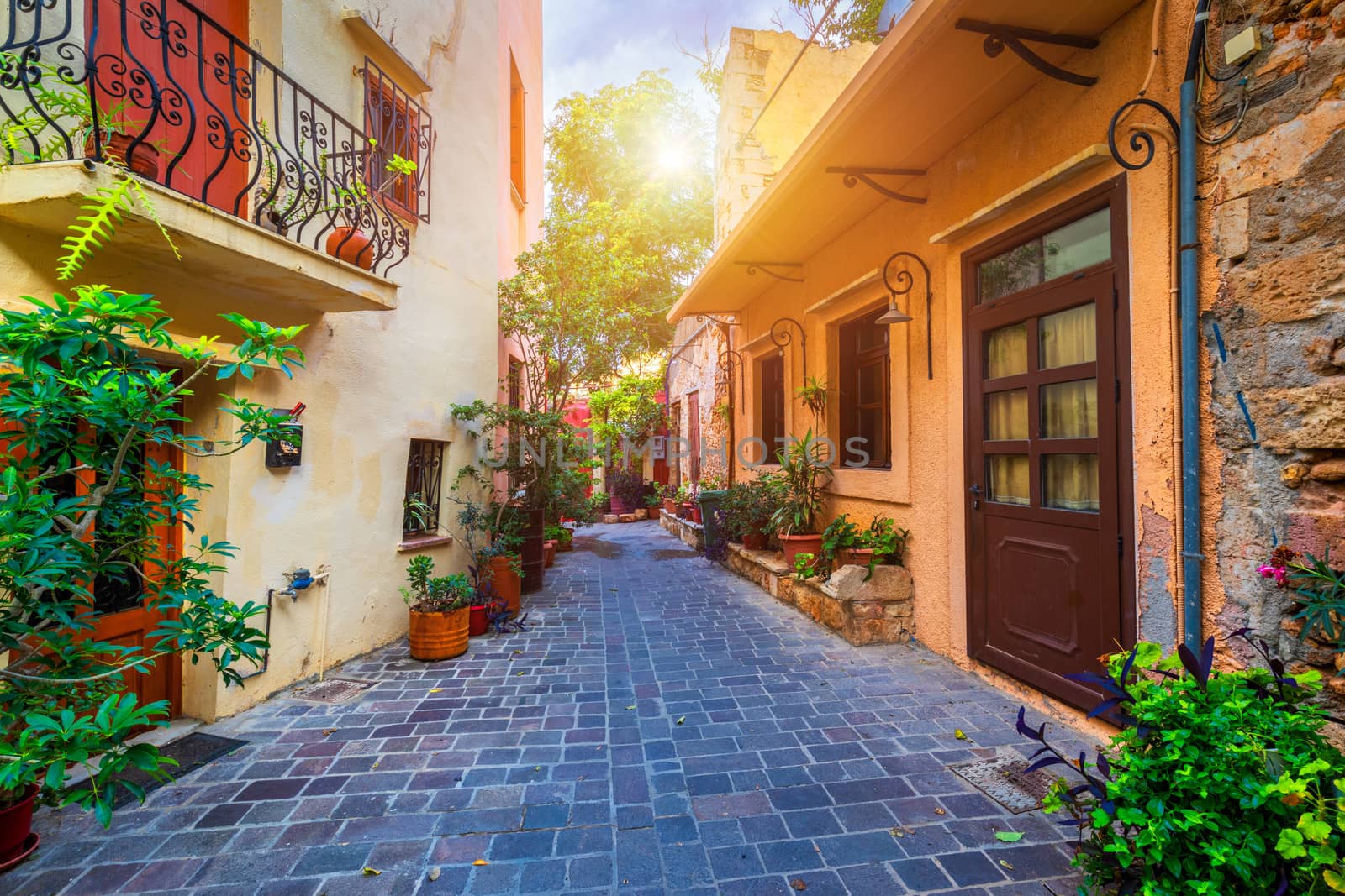 Street in the old town of Chania, Crete, Greece. Charming streets of Greek islands, Crete. Beautiful street in Chania, Crete island, Greece. Summer landscape. Chania old street of Crete island Greece.