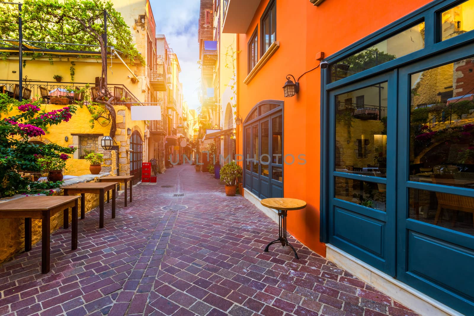 Street in the old town of Chania, Crete, Greece. Charming streets of Greek islands, Crete. Beautiful street in Chania, Crete island, Greece. Summer landscape. Chania old street of Crete island Greece.