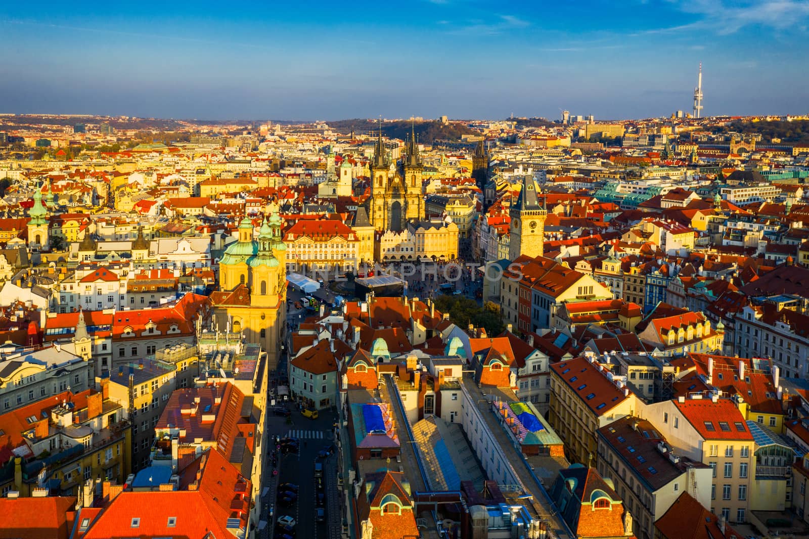 Aerial Prague panoramic drone view of the city of Prague at the Old Town Square, Czechia. Prague Old Town historical center of Prague, buildings and landmarks of old town, Prague, Czech Republic. 