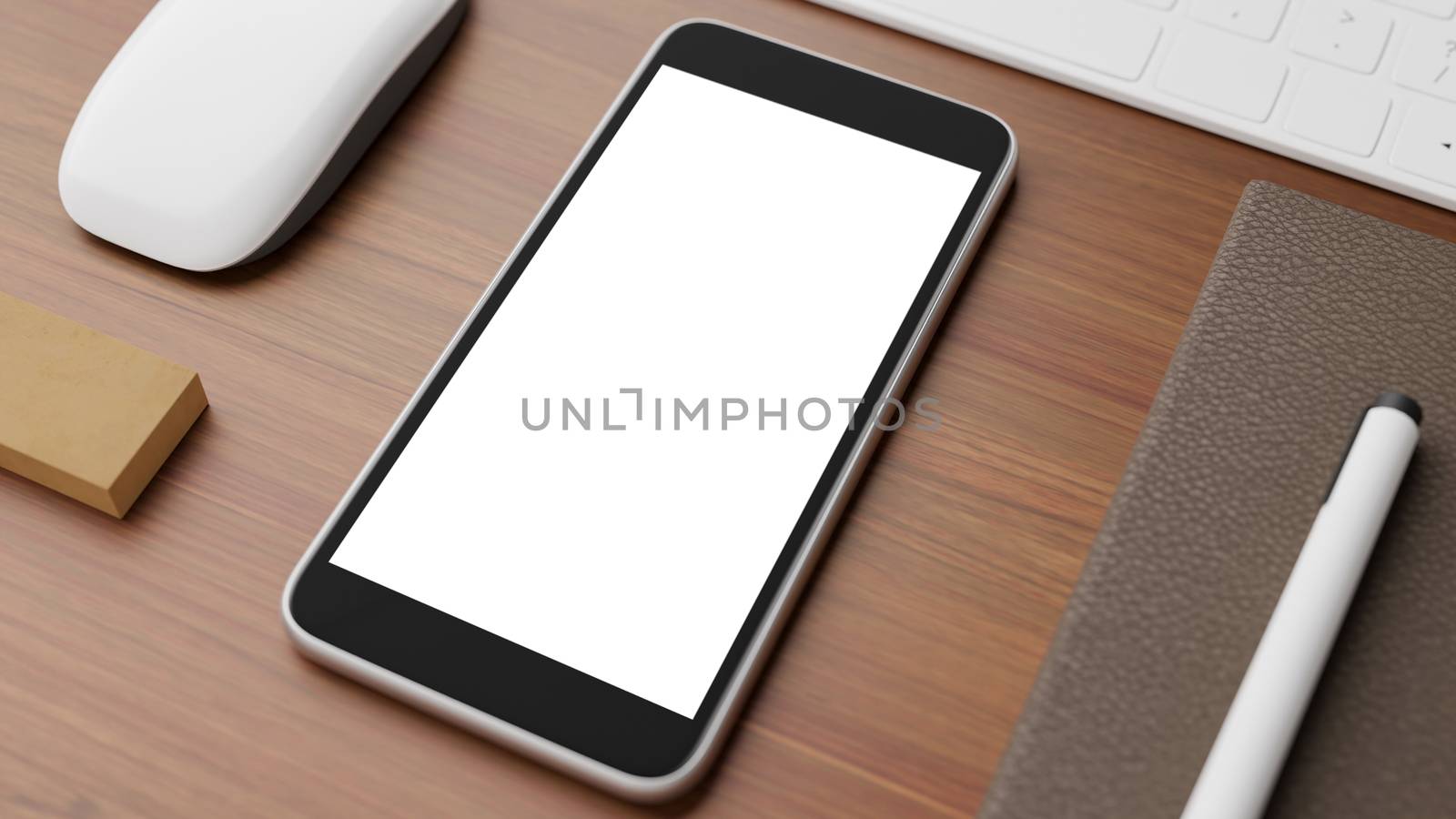 Copyspace of blank screen mockup mobile phone on wooden working table.