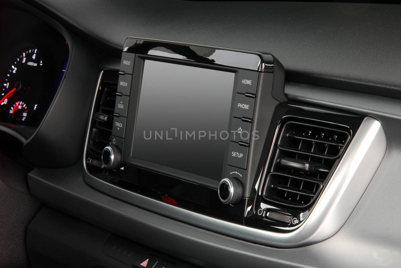 Modern car dashboard. Screen multimedia system. Interior detail