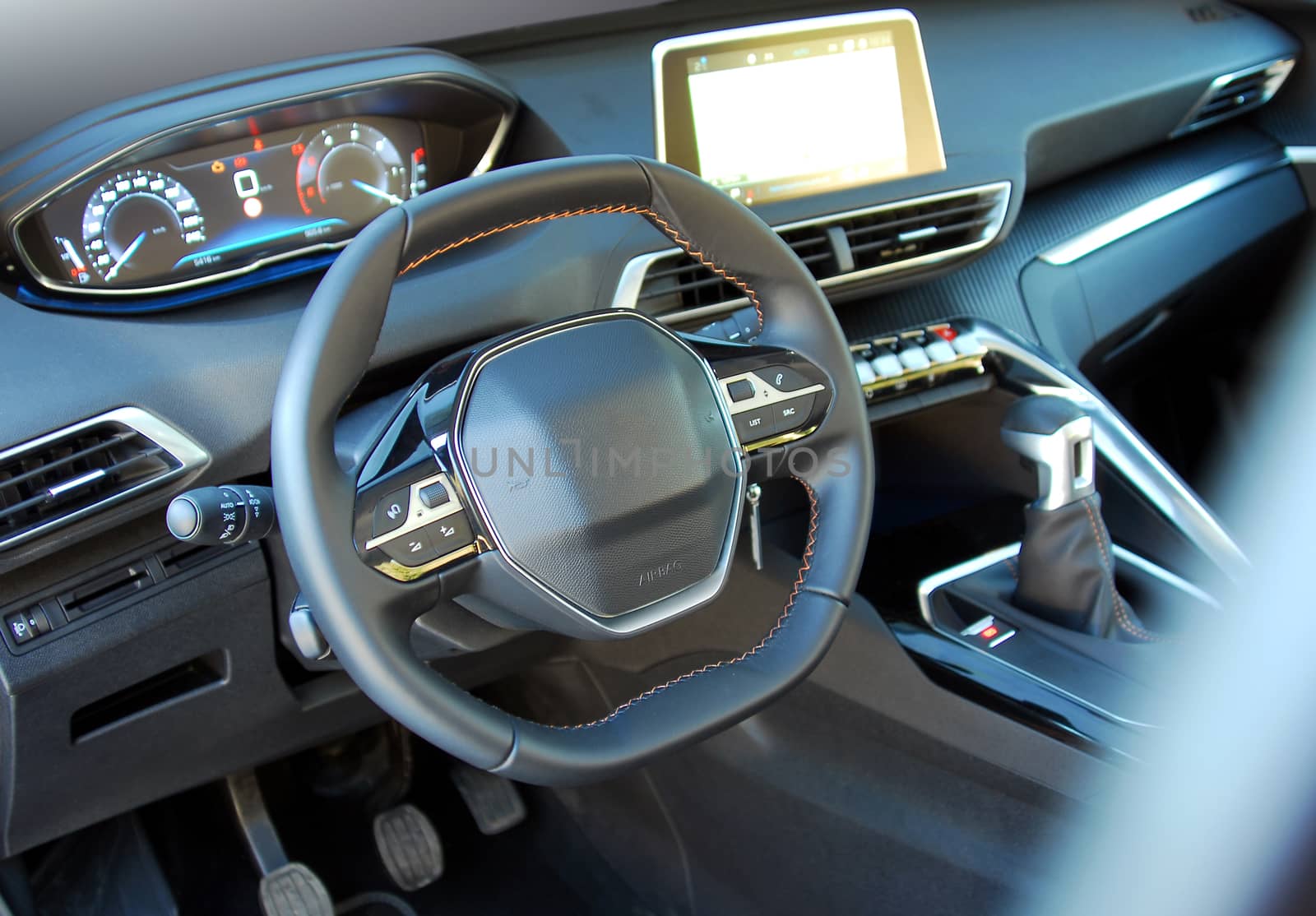 studio shot passenger car interior, front view